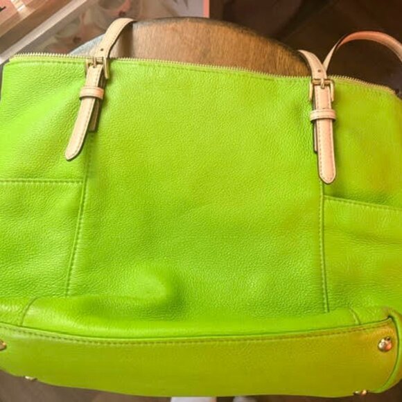Michael Kors Jet Set Travel Top Zip Tote Bag Green Beige Leather Shoulder Strap - Picture 1 of 13